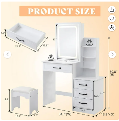 Makeup Vanity Desk, missing mirror/lights, scratch & dent special