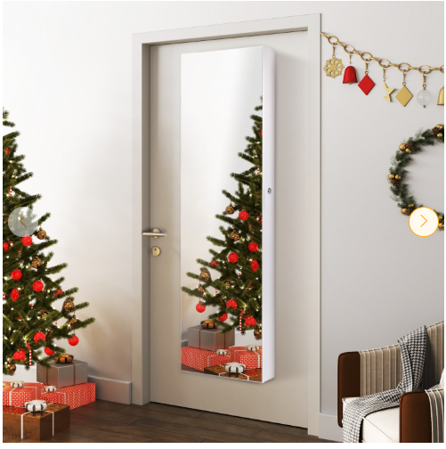 Lockable Wall Mount Mirrored Jewelry Cabinet with LED Lights-White