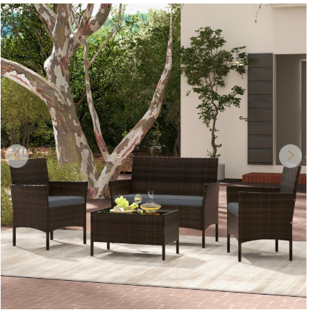 4 Piece Patio Rattan Conversation Set with Cozy Seat Cushions-Grey  (Assembled)