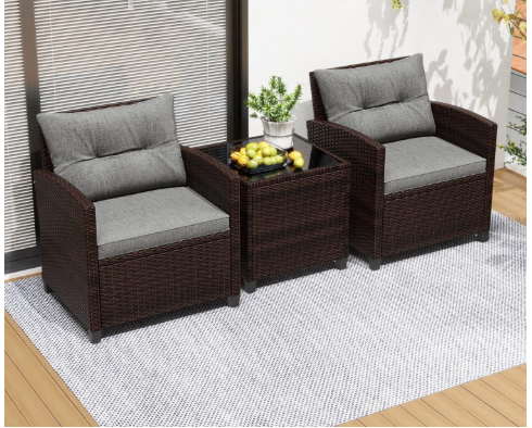 3 Pieces Cushioned Rattan Patio Conversation Set with Coffee Table-Grey (Assembled)