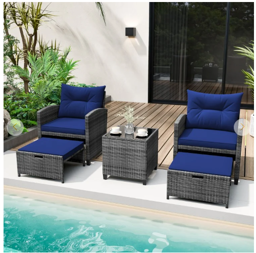 5 Pieces Patio Rattan Sofa Ottoman Furniture Set with Cushions-Navy (Fully Assembled)