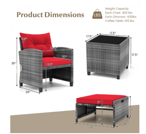 3 Piece Patio Rattan Chair, Ottoman and Side Table (See Notes)