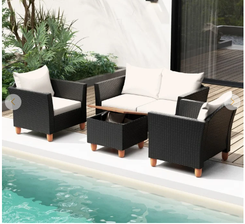4 Pieces Outdoor Conversation Set with Storage Coffee Table - White - [Factory Defect] (Assembled)