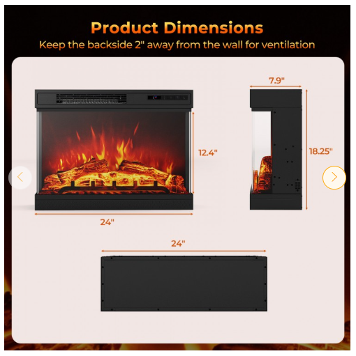 24 Inches 3-Sided Glass Electric Fireplace Heater with Remote Control