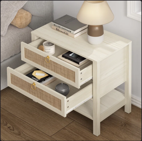 SET of 2 - Pomodoro Rattan Nightstand With 2-Drawer And 1 Open Shelf (Fully Assembled)