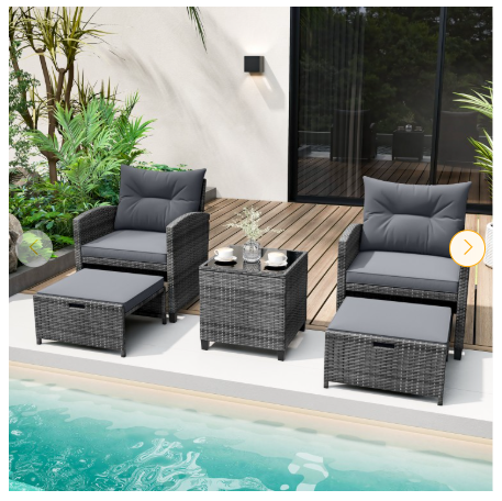 5 Pieces Patio Rattan Sofa Ottoman Furniture Set with Cushions-Grey (Fully Assembled)