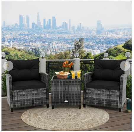 3 Pieces Outdoor Wicker Conversation Set with Tempered Glass Tabletop-Black (Assembled)