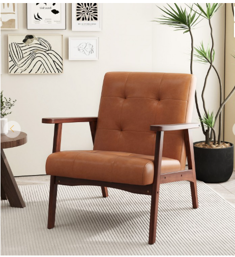 Mid Century Modern Accent Chair with Solid Rubber Wood Frame and Leather Cover-Brown (Assembled)