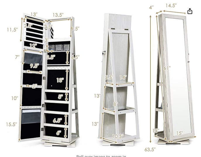 360° Rotating Mirrored Jewelry Cabinet Armoire  with Mirror