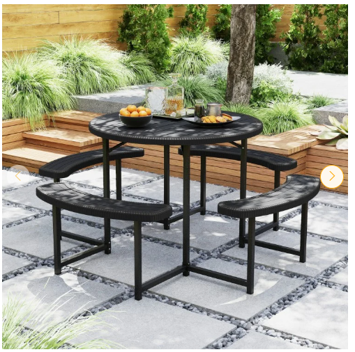 Round Picnic Table Bench Set with 4 Benches and Umbrella Hole for Patio Lawn (Assembled)