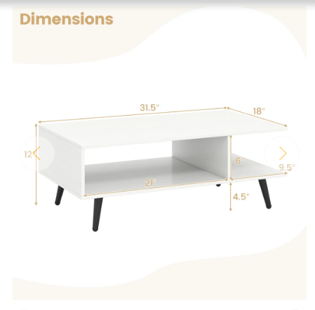 Mid Century Modern Rectangle Coffee Table 2-Tier Accent Table with 2 Open Compartments-White (Scratch and Dent)