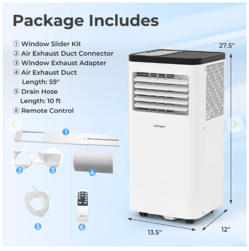 8000 BTU(Ashrae) 3-in-1 Portable Air Conditioner with Remote Control (1 Box)