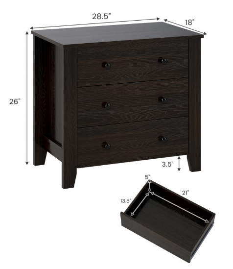 3 Drawer Dresser Chest of Drawers Bedside Table-Black Wood Grain (Assembled)