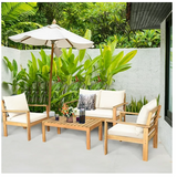 Brown 4-Pieces Wood Patio Conversation Set with cream Cushions - Assembled