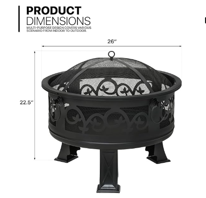 26" Wood Burning Fire Pit Floral Pattern , Black (Manufactures Defect)