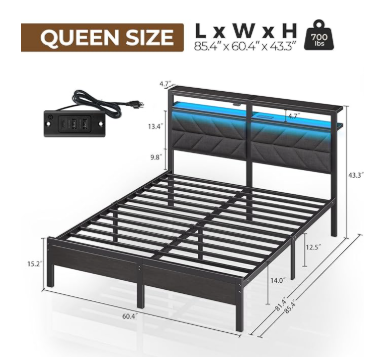 Bed Frame Queen Size with LED/Charging Station, Grey - (1 Box, Unassembled)