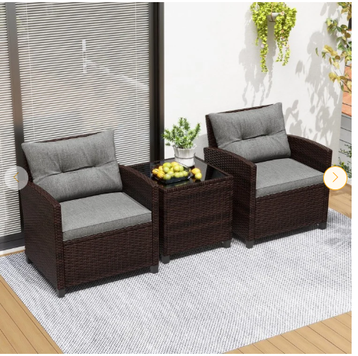 3 Pieces Patio Furniture Set with Tempered Glass Coffee Table-Grey - (Assembled)