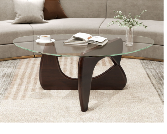 Triangle Coffee Table with Tempered Glass Top and Adjustable Rubber Wood Base (Assembled)