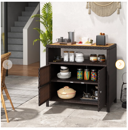 Rattan Storage Cabinet with Acacia Wood Countertop for Poolside Deck and Patio-Brown