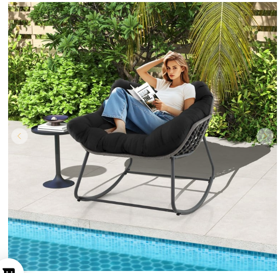 Outdoor Rocking Chair Oversized Patio PE Wicker Egg Chair with Cushion - Black