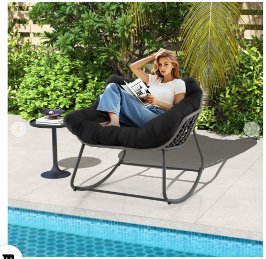 Outdoor Rocking Chair Oversized Patio PE Wicker Egg Chair with Cushion - Black