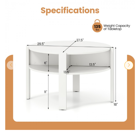 29.5 Inch Round Coffee Table with Storage Shelves for Small Space-White