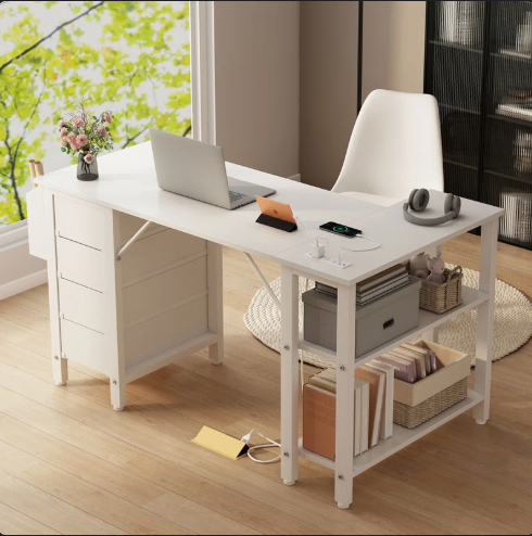 L-Shaped Computer Desk with Drawers & Storage Shelves - Scratch and Dent -(Fully Assembled)