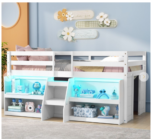 Twin Size Loft Bed with LED Lights with Staircase and Safety Guardrail (1 Box)