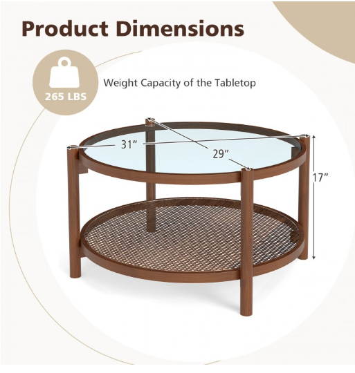 31 Inch 2-Tier Round Coffee Table with Tempered Glass Top for Living Room-Cherry (Assembled)