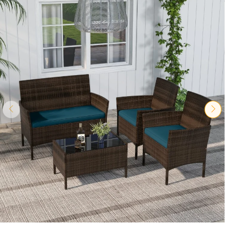 4 Piece Patio Rattan Conversation Set with Cozy Seat Cushions-Peacock Blue (Assembled)