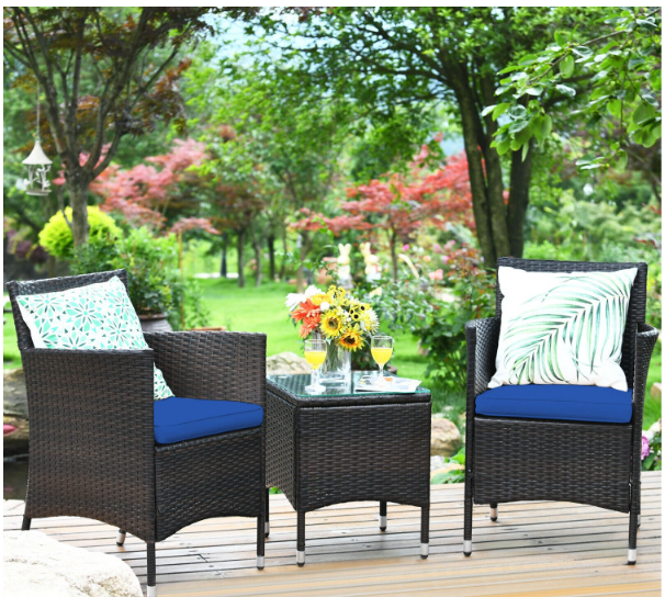 3Pcs Patio Rattan Furniture Set Cushioned Sofa and Glass Tabletop Deck-Navy (Assembled)