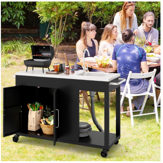 56 Inches Outdoor Grill Table with Sink and Stainless Steel Top-Black (Scratch and Dent)