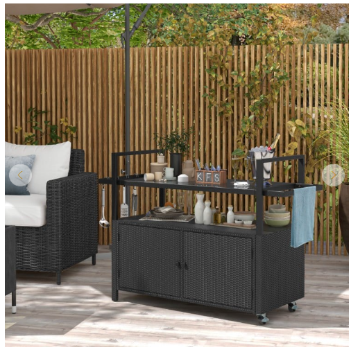 TAX FREE/SPECIAL - Bar Cart Wicker Buffet Serving Cart with Cabinet and 8 Hooks (See Decsription)