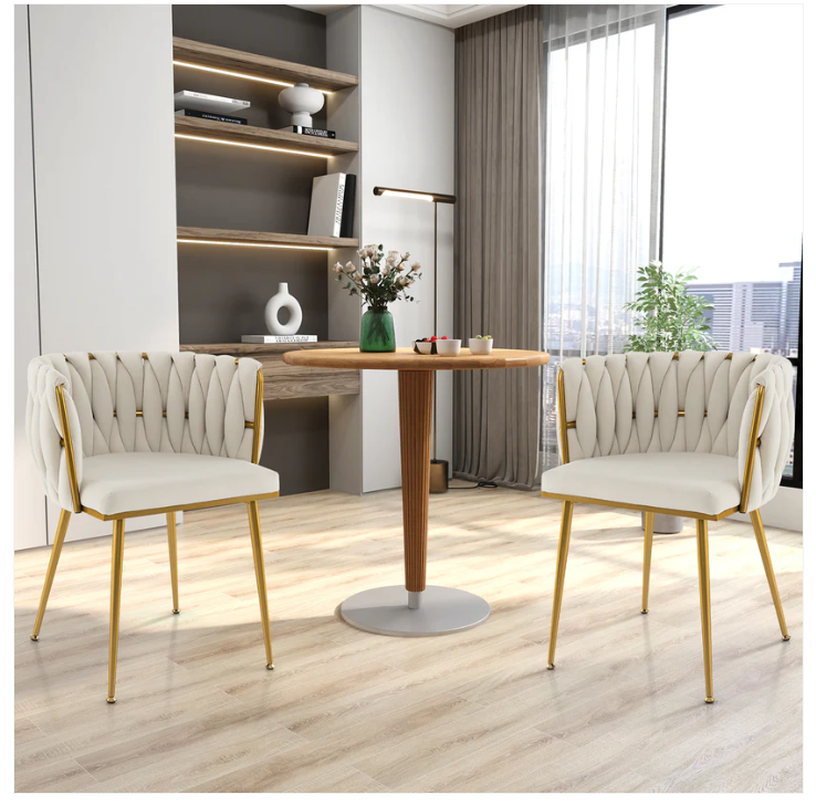 Set of 2 Upholstered Dining Chair w/ Curved Backrest and Metal Tubes-Cream