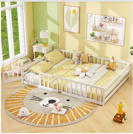 SPECIAL - Queen Size Montessori Floor Bed Frame with Full Length Safety Guardrails-White