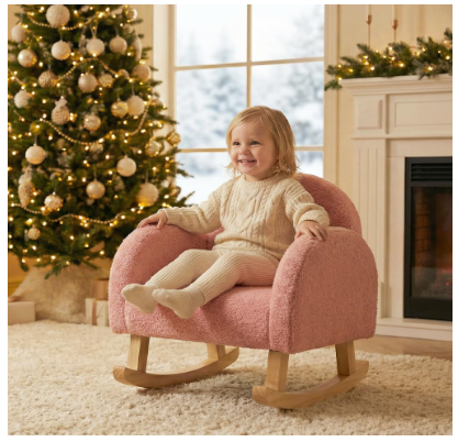 Toddler Rocking Chair with Solid Rubber Wood Frame Soft Velvet Cover-Pink (See Description)