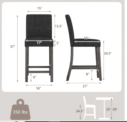 Set of 2 - Counter Height Bar Stools with Back and Footrest-Gray