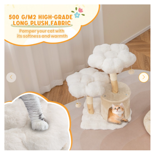 Cute Solid Wood Cat Tree Natural Branch Modern Flower Cat Tower with Sisal Scratching Posts-Beige (Assembled)