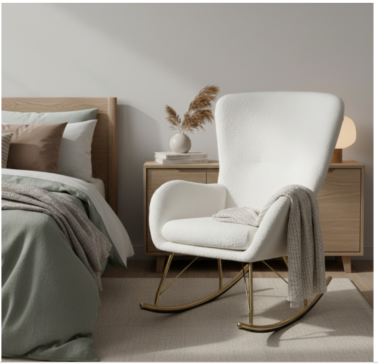 Nursery Rocking Chair with Curved Backrest and Armrests-White