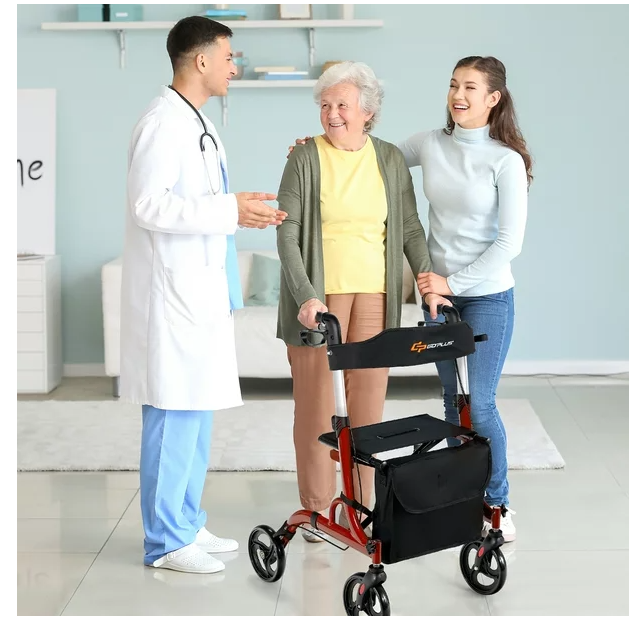 Folding Aluminum Rollator Walker with 8-inch Wheels and Seat - Red