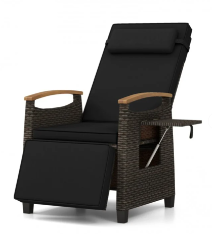 Patio Wicker Recliner Chair with Adjustable Backrest and Footrest-Black (Assembled)