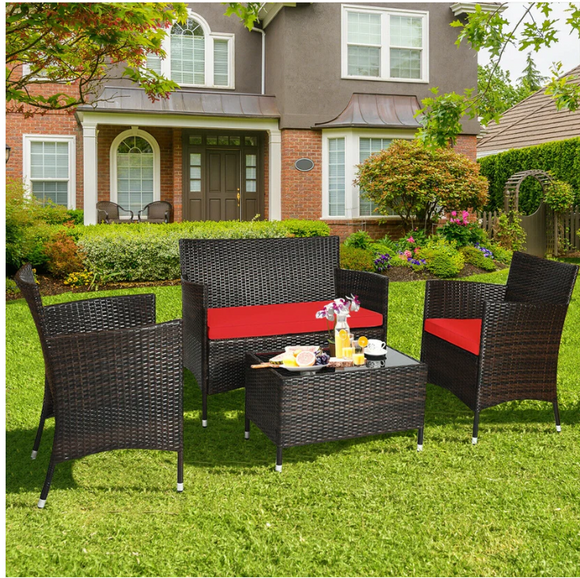 4 Pieces Comfortable Rattan Outdoor Furniture Set with Glass Table-Red - ASSEMBLED