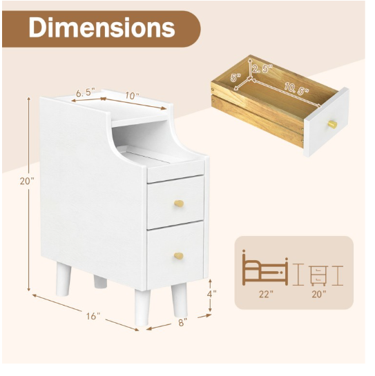 Set of 2 Solid Wood Night Side Table with Pull-out Tray and 2 Storage Drawers - White