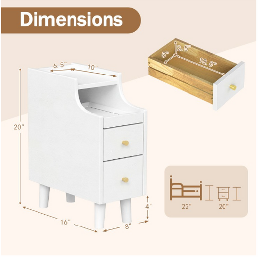 Set of 2, Small,Solid Wood Night Side Table with Pull-out Tray and 2 Storage Drawers - White