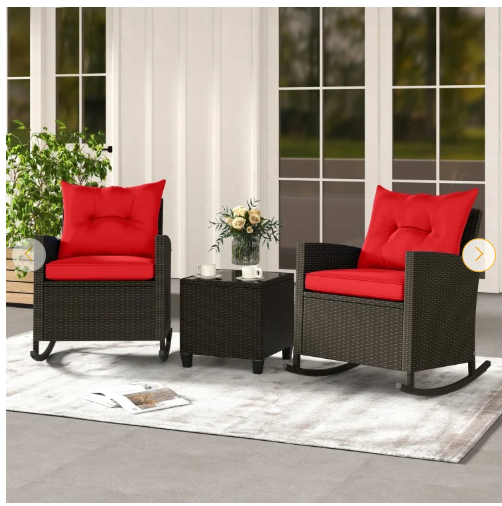 3-Piece Patio Rattan Rocker Chairs with Glass Table, Red (Fully Assembled)