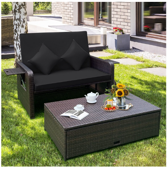 Patio Rattan Daybed with 4-Level Adjustable Backrest and Retractable Side Tray-Black (Assembled)