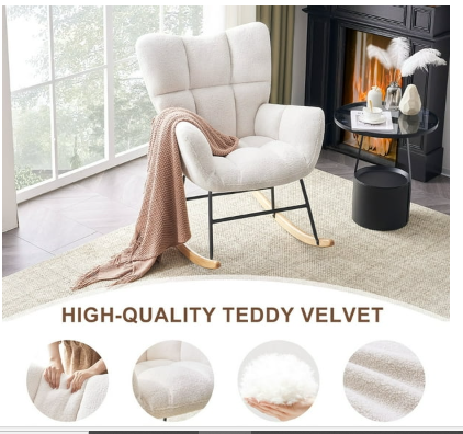 Linen Rocking Chair with High Backrest and Padded Armrests - Beige