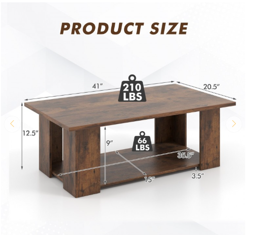 Large 41 Inch 2-tier Wooden Modern Coffee Table with Storage Shelf-Brown (Assembled)