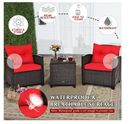 3 Piece Patio Rattan Furniture Set- RED, Fully Assembled