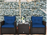 3PCS Patio Rattan Furniture Set Cushioned Conversation Set Coffee Table Navy (1 Box-unassembled)